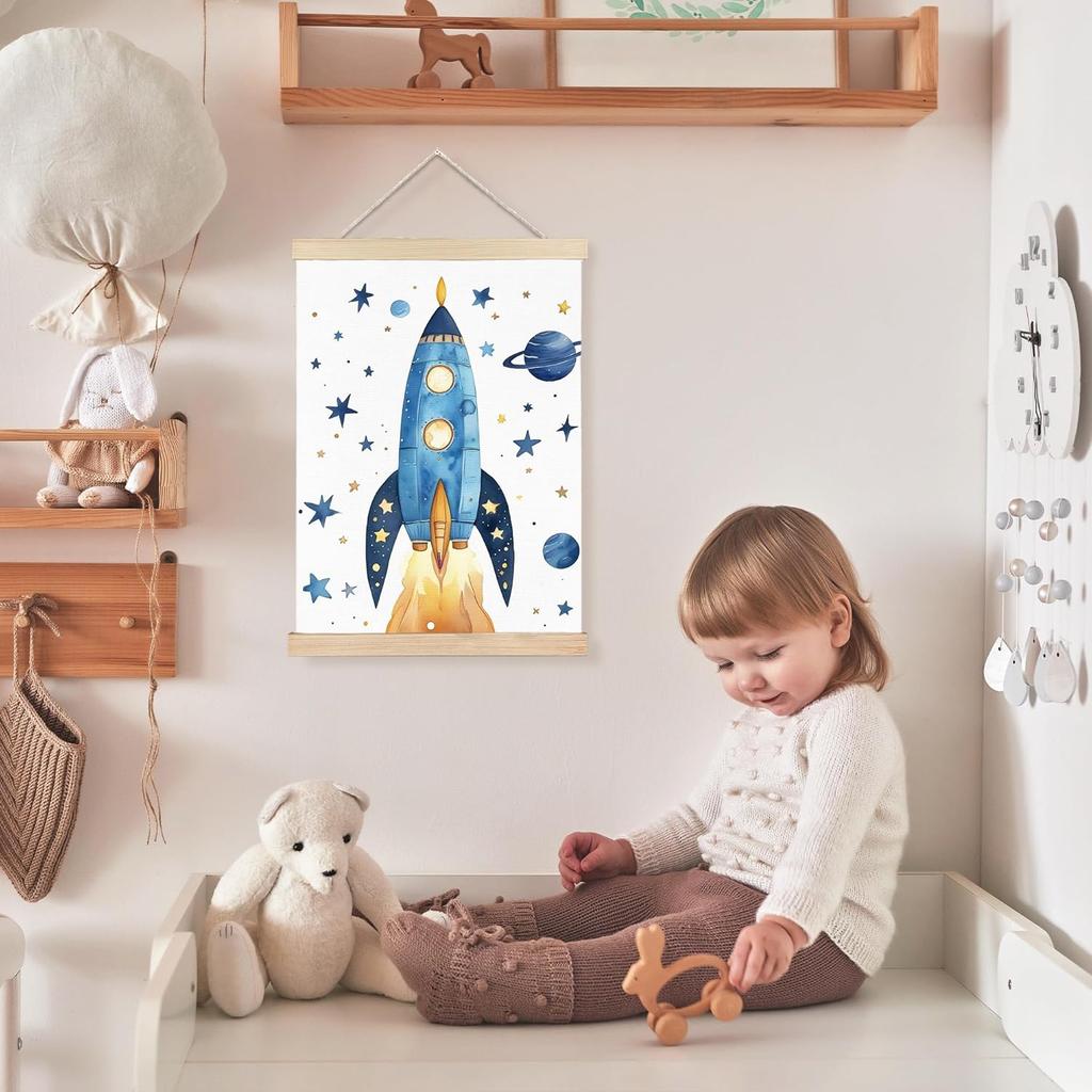 FDHSPAAM Space Rocket Kids Wall Art Decor, Space Nursery Decor, Fantasy Blue Spaceship Planet Star Wall Art Posters for Nursery Home Kids Boys