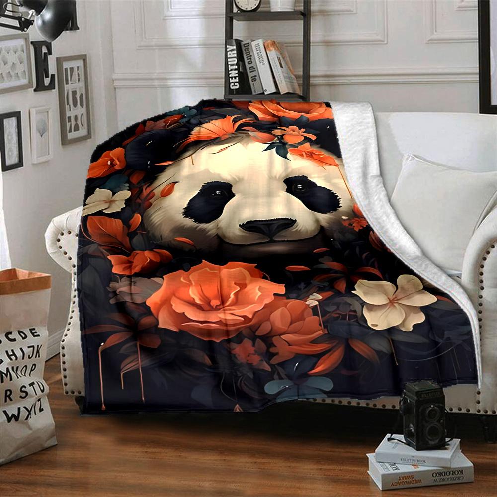 1pc Panda Floral Print Blanket - Lightweight Flannel Fleece with Digital Printing, Soft Warm for Sofa, Travel, Camping, Office yy251018272