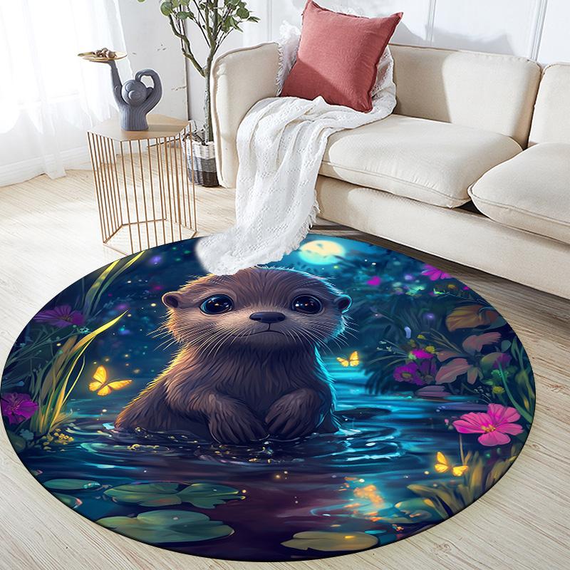 Night Animals  Round Area Rug,Carpet Rug for Living Room Bedroom Sofa Playroom Decor,Non-slip Floor Mat