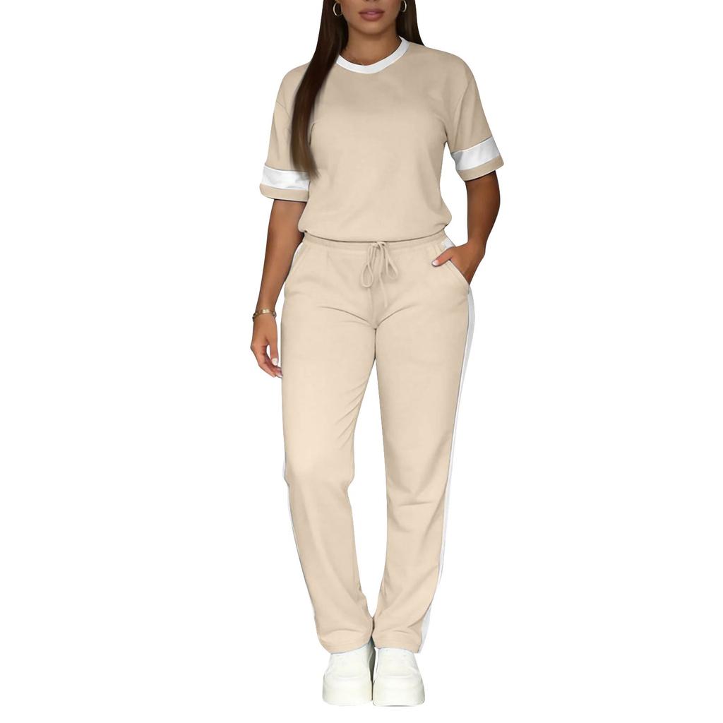 Women's 2-Piece Fashion Casual Short-Sleeve Top And Pants Set With Side Stripes And Color-Blocking