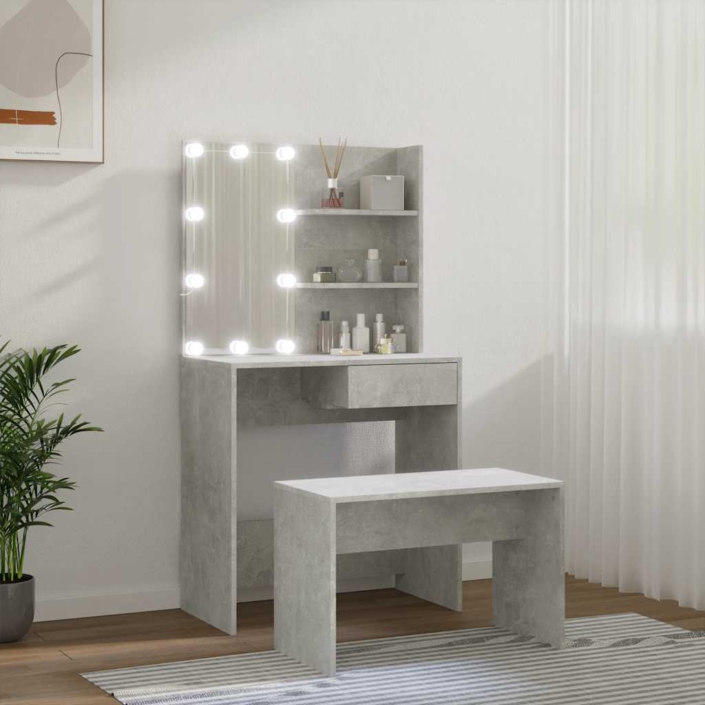 Makeup Table Set with LED Lighting Concrete Grey Wood Based Material