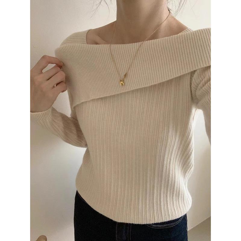 

Темпераментный свитер с открытым плечом, женский осенне-зимний, внутренний, с длинным рукавом, с отложным воротником, вязаный свитер, уникальный шикарный топ для женщин average size