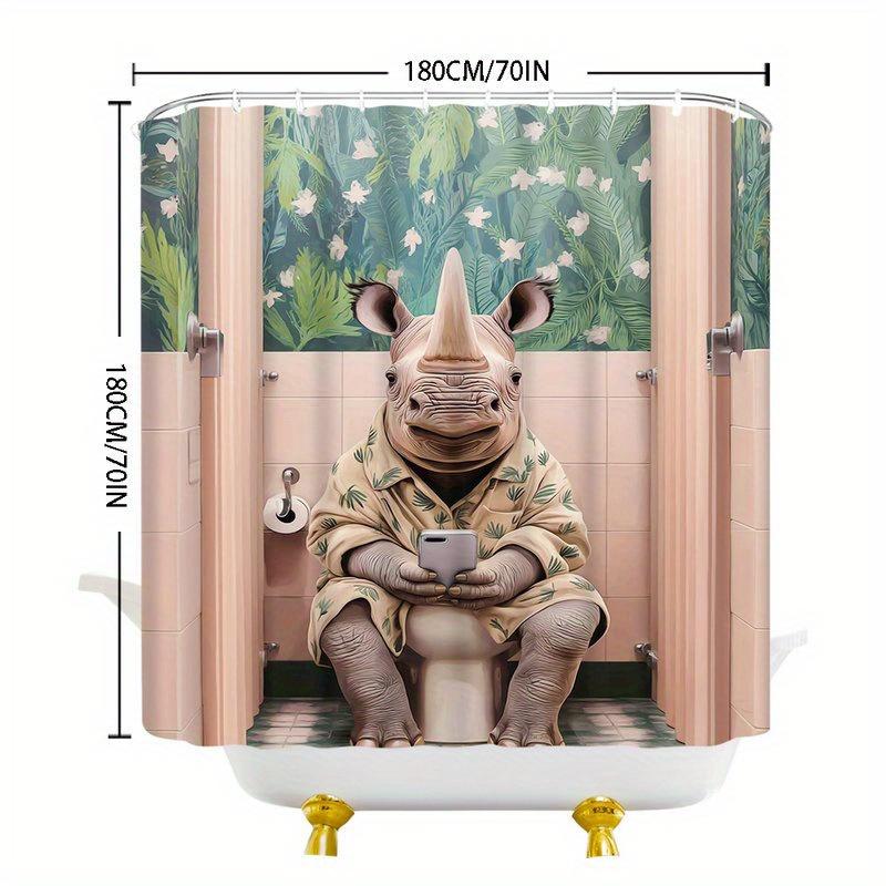 Waterproof Rhino Shower Curtain Jungle Tropical Floral Botanical Bathroom Decor Curtain 180x180cm