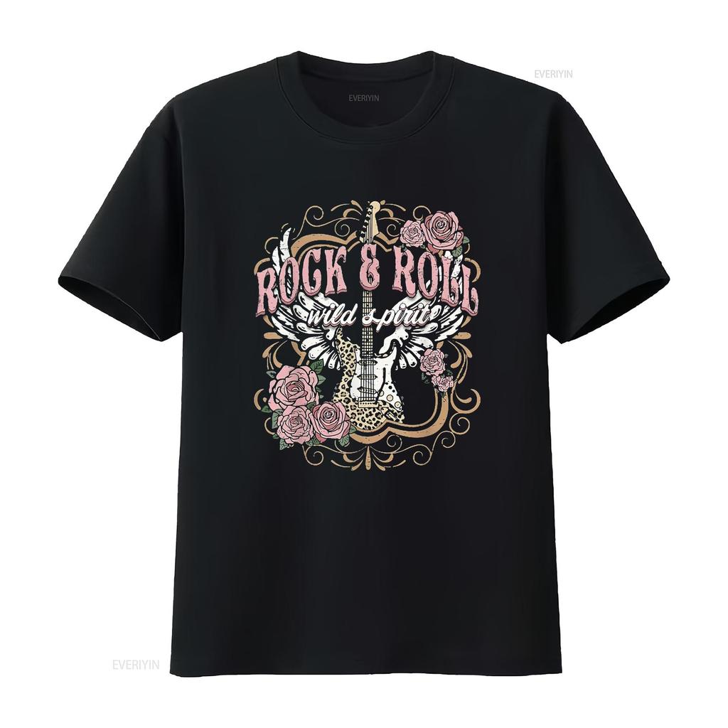 Damen Rock And Roll Wild Spirit Boho Engelsflügel Floral Gitarre T-Shirt Schwarz vintage Gewaschenes Oberteil Für den Alltag Dehnbar