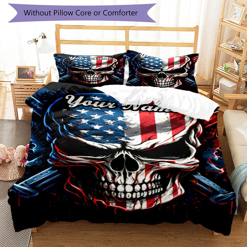 3PC Custom Name American Flag Skull Art Bedding Set Duvet Cover Closure Includes 1 Duvet Cover & 2 Pillowcases for Bedroom