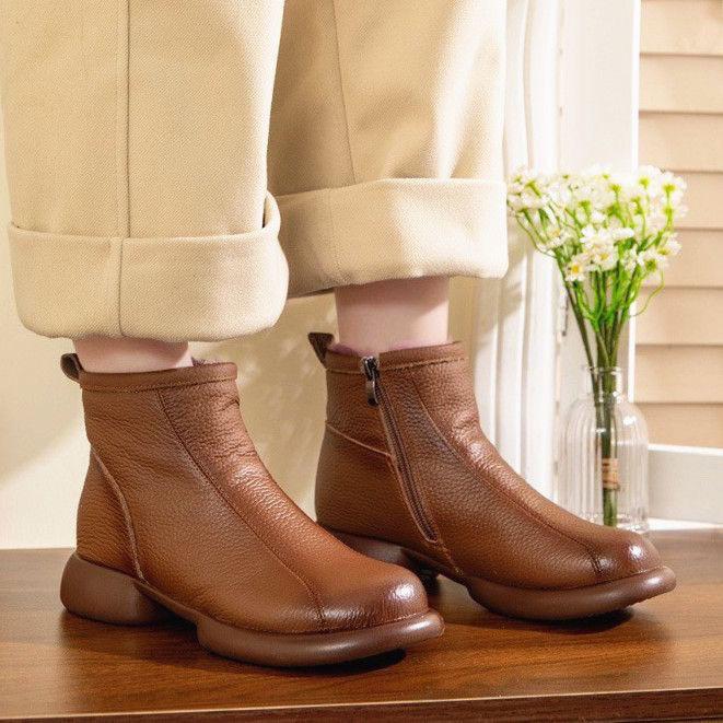 Scarpe di Cotone Calde e Spesse da Donna Inverno 2024 Nuovi Stivaletti Corti Peluche con Tacco Basso Antiscivolo in Pelle