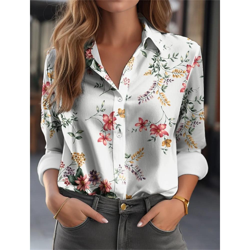 Summer Women's Shirt Flower Graphics Blouse Lapel Neck Blouse Women's Long Sleeve