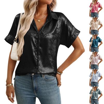Women's Summer Fashion Loose Short Sleeve Lapel Solid Color Shirt Casual Top