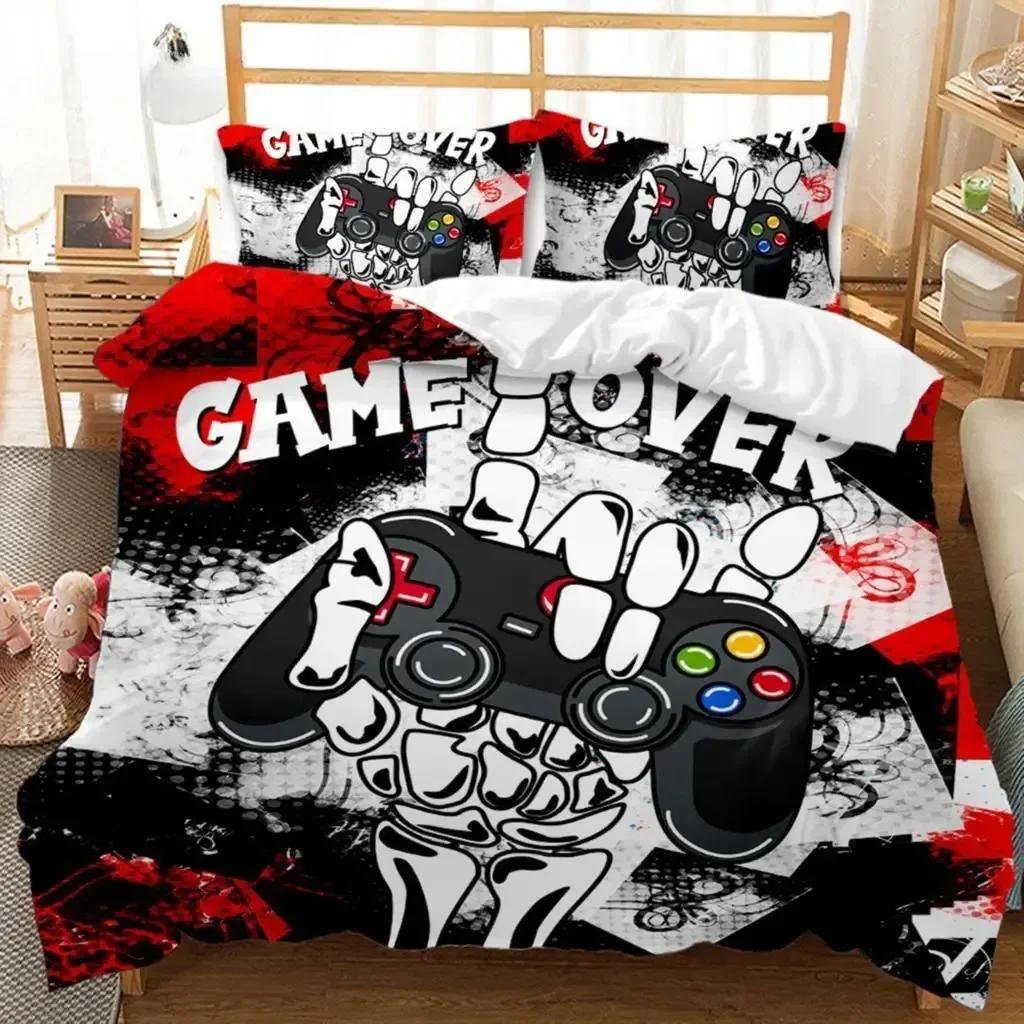Gaming Duvet Cover Set Sugar Skull Gamer Bedding Spider Web Halloween Polyester Duvet Cover Kids Juvenile Hand Skeleton Gamepad