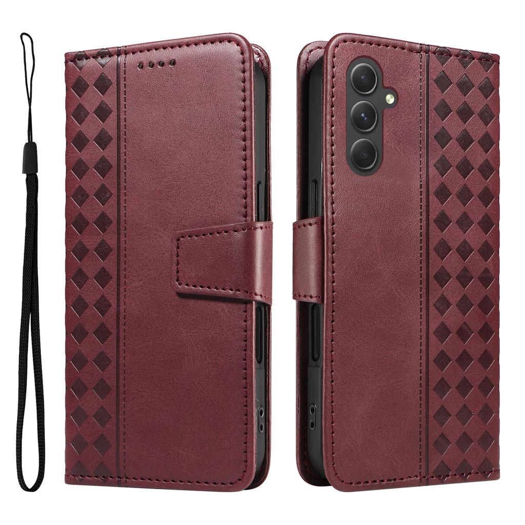 For Samsung Galaxy A54 5G Leather Case Wallet Stand Grids Imprinted Phone Cover with Strap