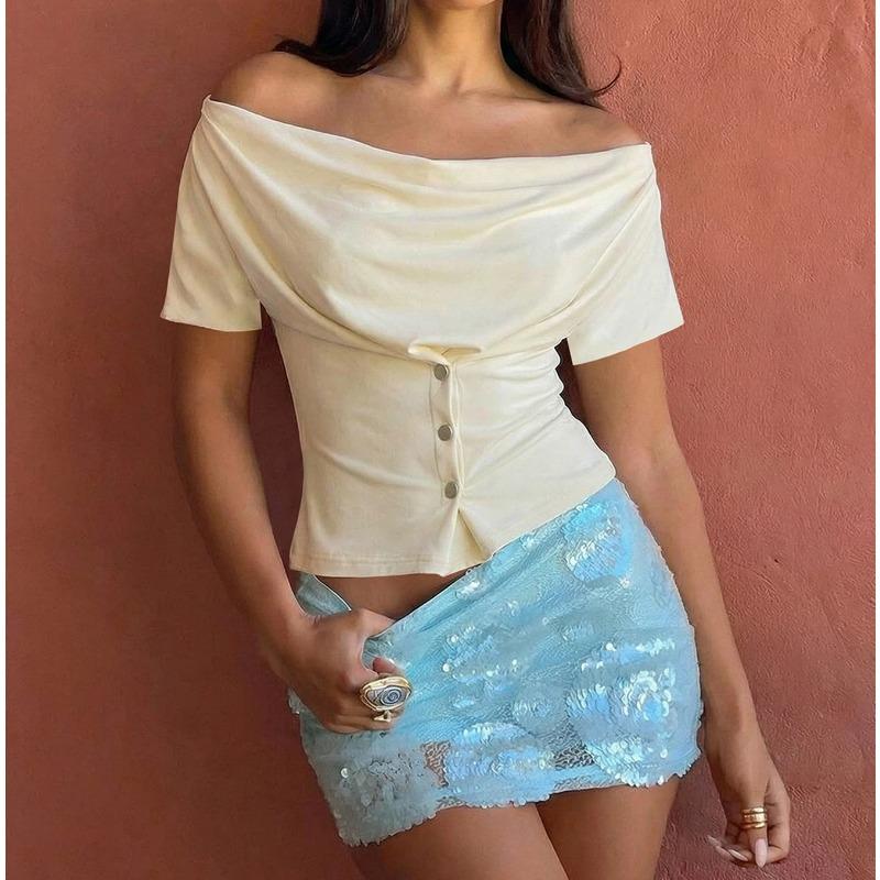 Women Summer Cowl Neck Short Sleeve Button Detail Slim Fit Solid Color Casual Blouse