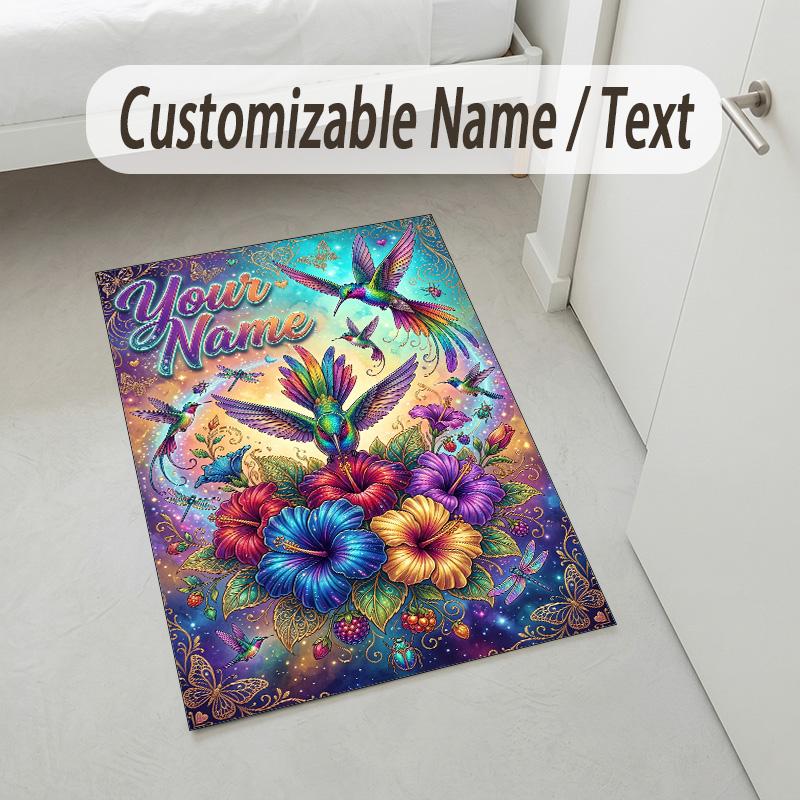 Hummingbirds Floral Theme Soft Crystal Velvet Rug Custom Name & Text Print Non Slip Floor Rug for Bedroom Living Room