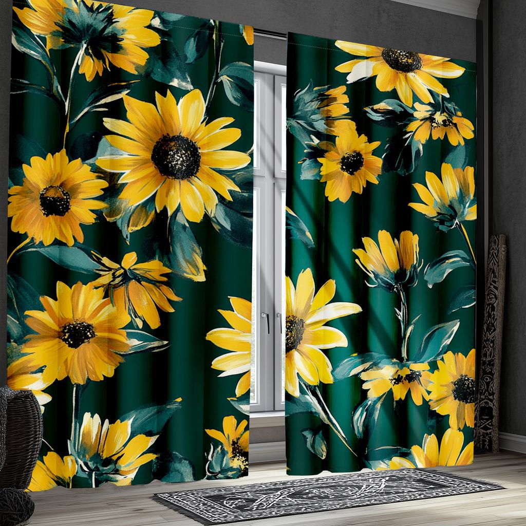Yellow Sunflower Curtains Floral Botanical Green Garden Drapes Curtain Set Of 2 Made Polyester Washable