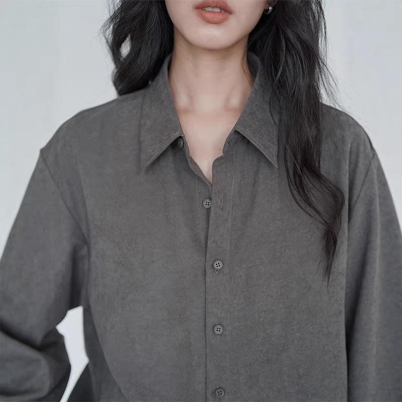 Smoke Gray Temperament Shirt, New Women's Light Luxury High-end Spring Simple Lazy Style Loose Inner Shirt
