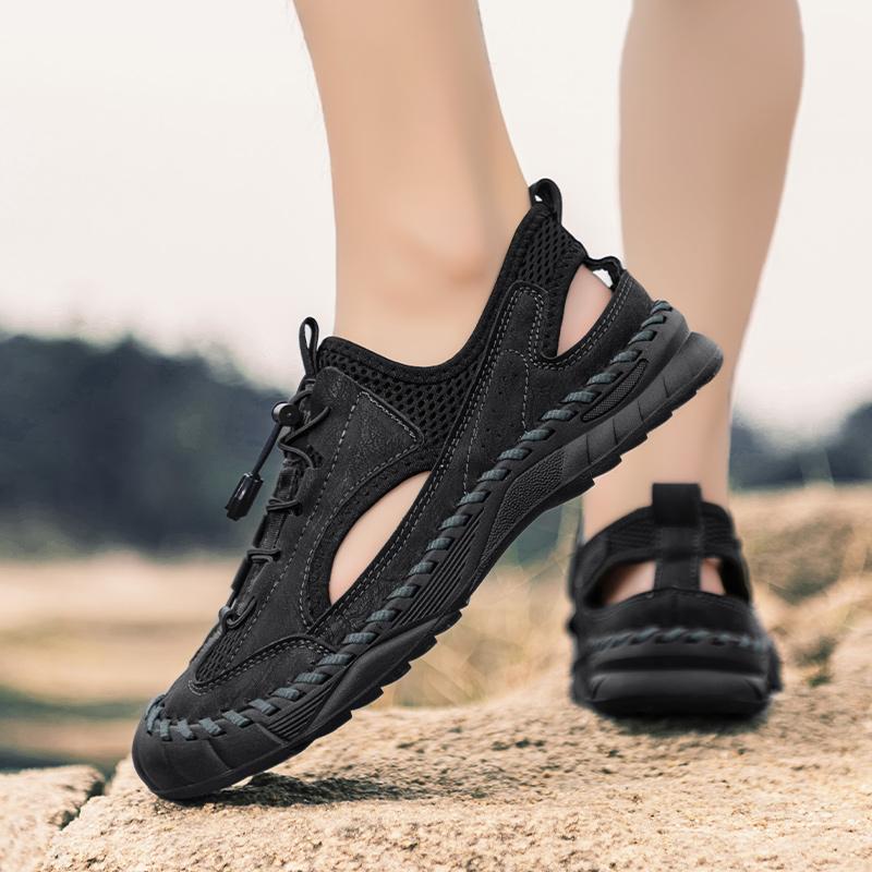 Herren-Sandalen aus Mikrofaser-Leder, handgenäht, atmungsaktives Mesh, lässig, weich