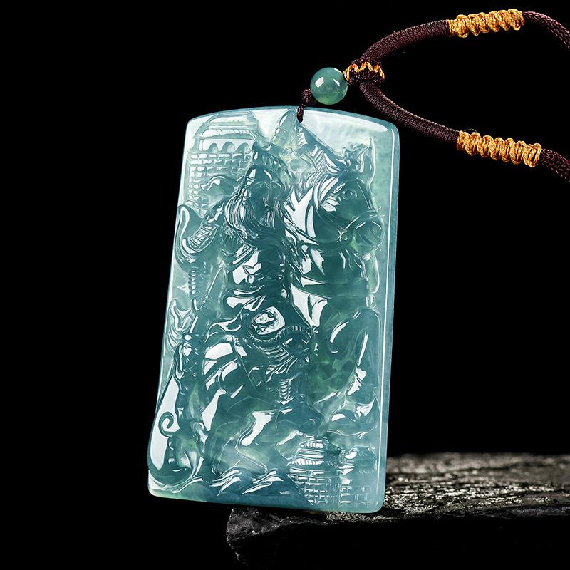 Genuine A-Grade Blue Jade Guan Gong Dragon Pendant Necklace for Men and Women Ancient Style Rope