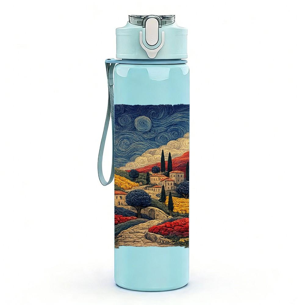 1PC Retro Steam Train Country Landscape Print 750ml Color Plastic Sports Water Bottle Leakproof Flip Straw Lid Suitable for Sports Office Home Use