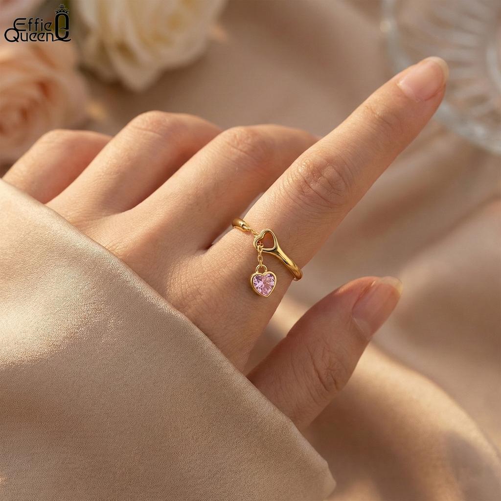 Effie Queen Unique Design 925 Sterling Silver Pink Heart Pendant Zircon Ring Sweet Dainty Open Ring Wedding Fine Jewelry SR332