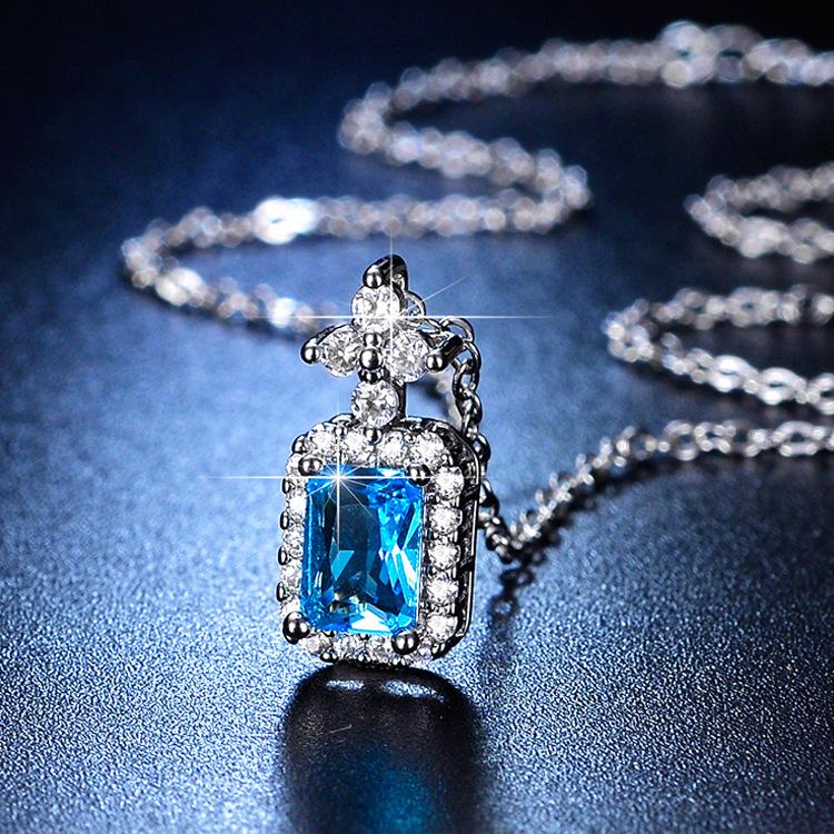 Rectangular Sea Blue Zirconium Colored Treasure Pendant Women's Fashion Jewelry Temperament Square Necklace