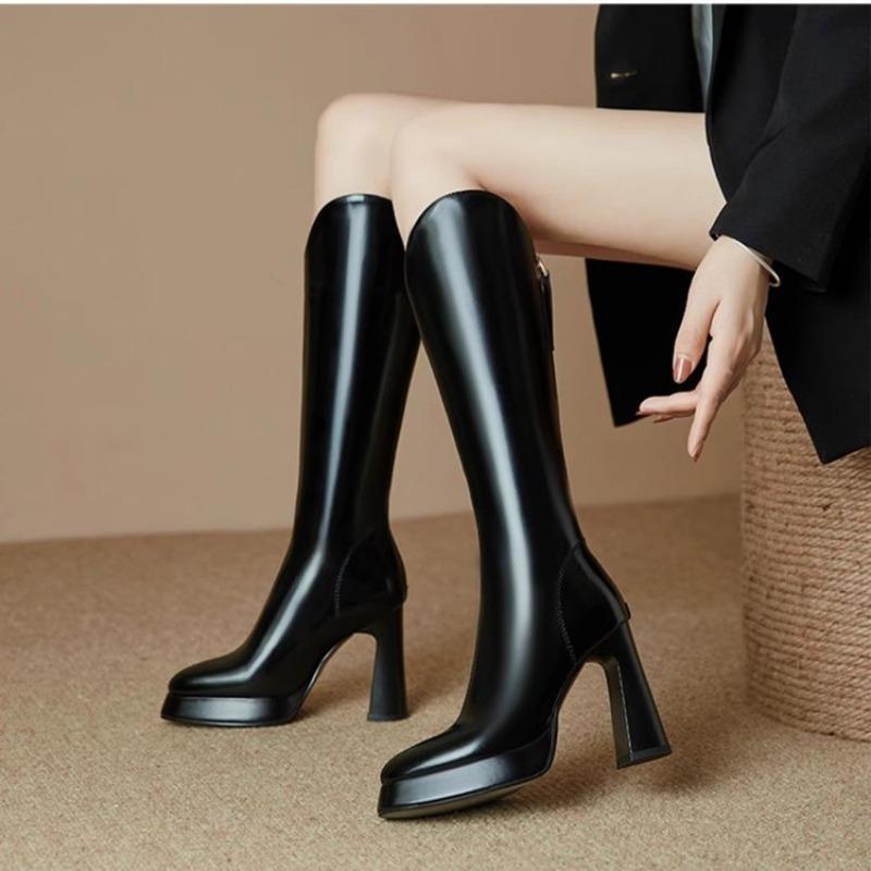 

Temperament Block Heel Rear Zipper Anti-Slip Wear-Resistant High Boots Fashion Pointed Toe Platform Single Boots 39 чорний