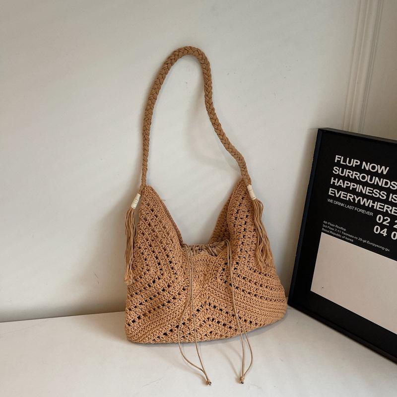 Large-capacity Woven Edge-bound Beach Bag with Shoulder Strap Tote Bag