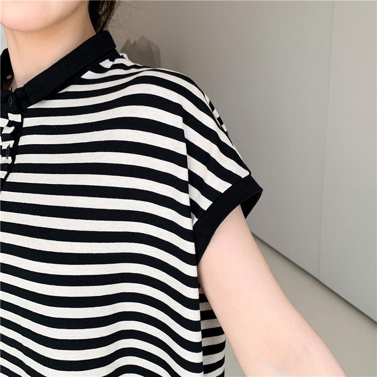 Sommer Damen Kleid Plus Größe Lockeres Temperament Lässig Kleines Revers Bedecktes Fleisch Gestreifte Kleider