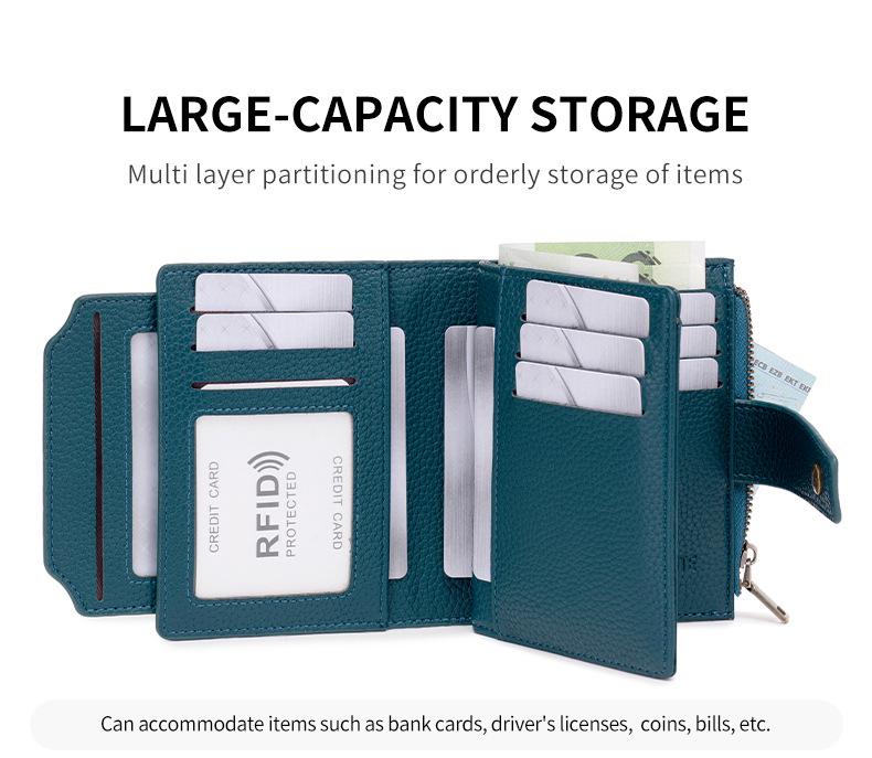 Women's RFID Soft Leather Short Wallet - Lychee Pattern, Zipper Closure, Card Holder, Fashionable Design