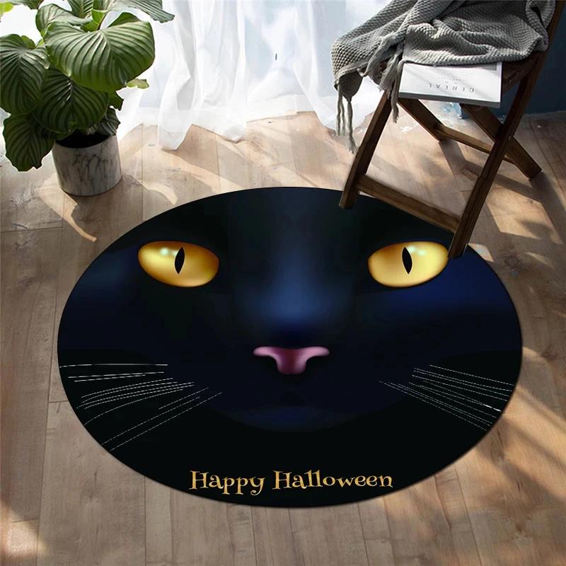 Happy Halloween Round Carpet Castle Bat Print Area Rug for Living Room Bedroom Chair Non Slip Horror Theme Floor Mats Yoga Mat