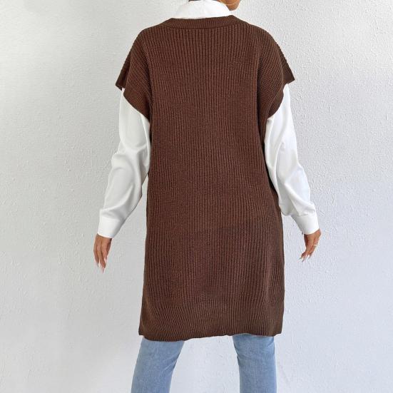 Women Sweater Vest V-Neck Sleeveless Solid Color Knitting Vest Loose Fit Side Split Design Casual Sweater Vest