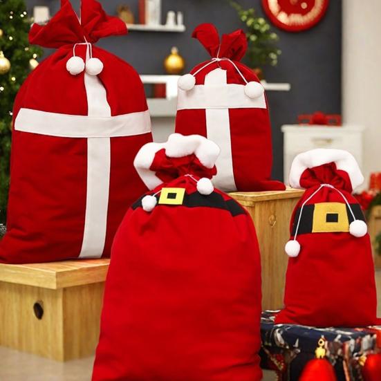 Christmas Candy Bag Xmas Treat Bag Fabric Snack Wrapping Bag Red Flocked Party Favor Bag for Holiday Decor Gift Wrapping