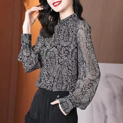 Spring Top, Small Shirt, Long Sleeved Shirt, Women's Floral and Age Reducing Chiffon Shirt