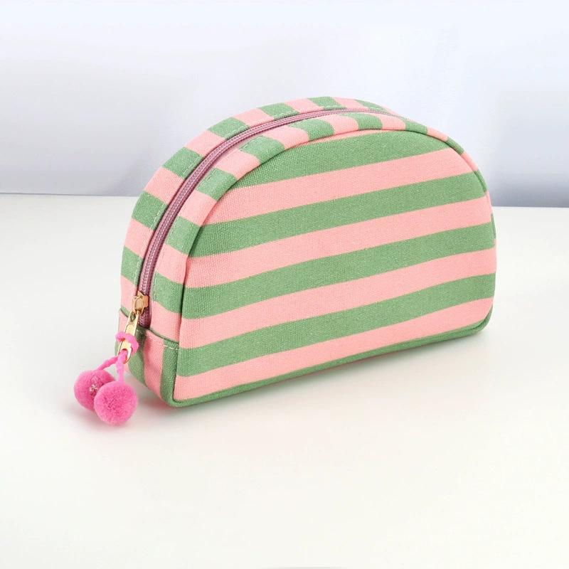 Personalized Embroidered Striped Pompon Cosmetic Bag Canvas Travel Toiletry Bag Shell Large-capacity Portable Outing