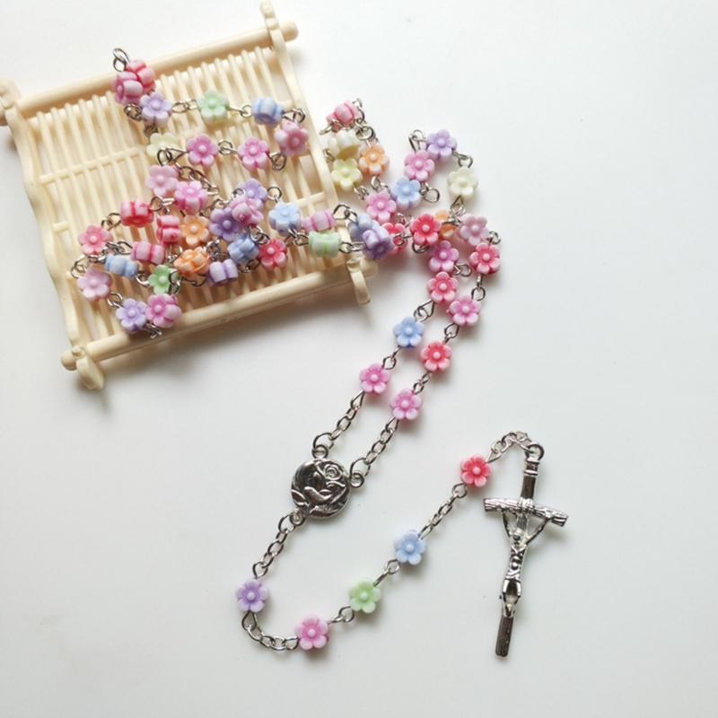 Rosary Crystal Bead Necklace Catholic Rosary Bead with Metal Crucifix Religious Jewelry for Women Flower Beaded Necklace