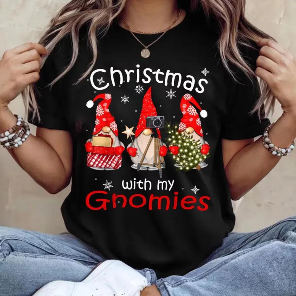 Women's Christmas Gnome Graphic T-Shirt Short Sleeve Round Neck Casual Top Holiday Party Tee for Women Casual Clothing