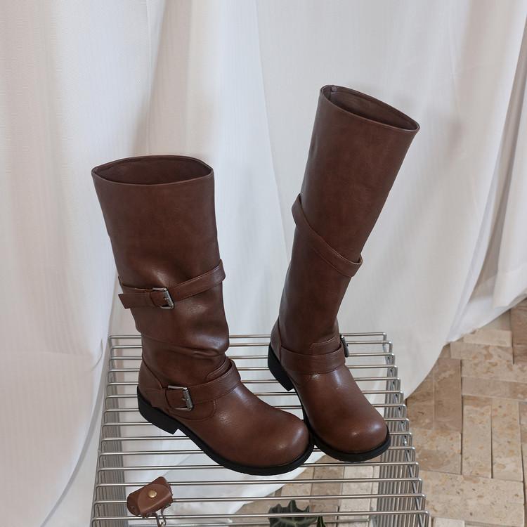 

Full cowhide pile western boots 2025 winter thick middle heel round head middle heel belt buckle loose high boots women 39 темно-коричневого