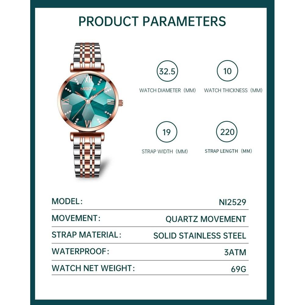 NIBOSI Ladies' Waterproof Analog Quartz Wristwatch Stainless Steel Green Casual Business Gift for Women