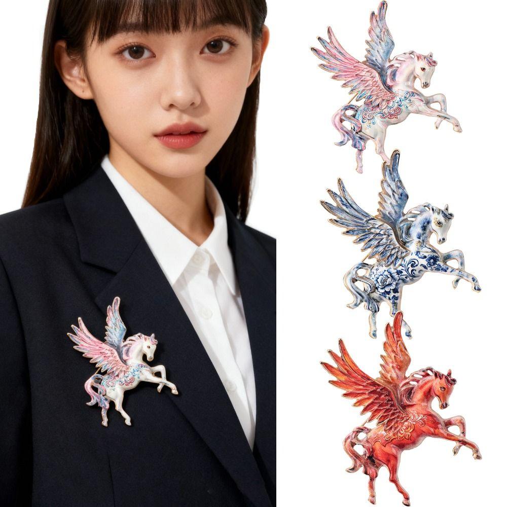 New Vintage Pegasus Brooch Traditional Red/Blue/Pink Zodiac Animal Badge Tang Dynasty Enamel Alloy Animal Lapel Pin Cultural Art