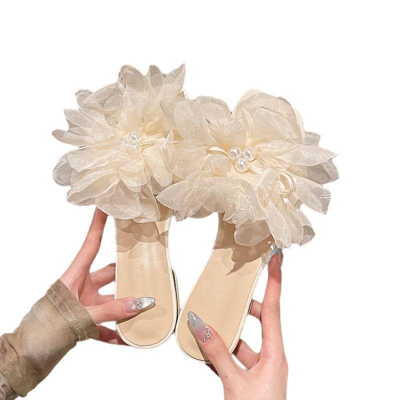 2025 summer new flower thick heel slippers women's outer wear square head open toe one-word drag middle heel sandals