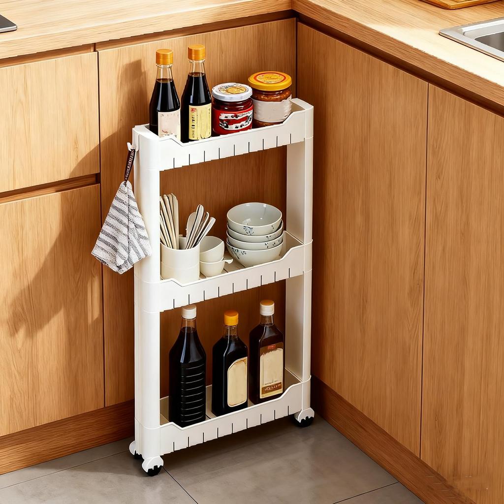 Aissiora Narrow Storage Wagon, 3-Tier, 7cm Ultra-Thin Design, Slim Rack, Adjustable Shelves, Bottle Rack, 360° Silent Casters, Sturdy, Lightweight, Ea