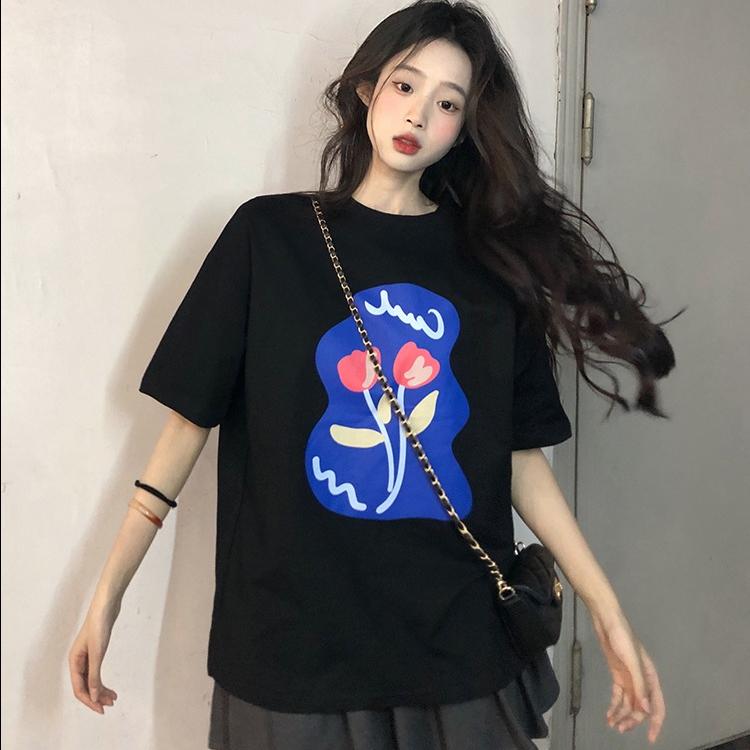 

Летняя женская футболка с цветочным принтом, повседневные футболки с коротким рукавом, модная уличная одежда, свитер с круглым вырезом, женская свободная одежда XXL