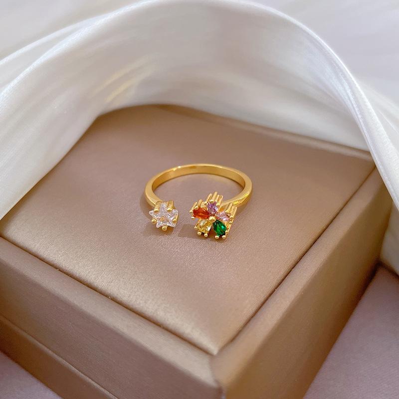 Real Gold Diamond Flower Opening Ring Women'S Japan And Korea Niche Simple Design Index Finger Ring