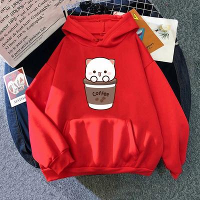 Kawaii Pfirsich und Goma Hoodie Damen Harajuku Niedliche Katzen Kapuzenpullover Herbst Winter Lustiger Kaffee Grafik Kapuzenpullover