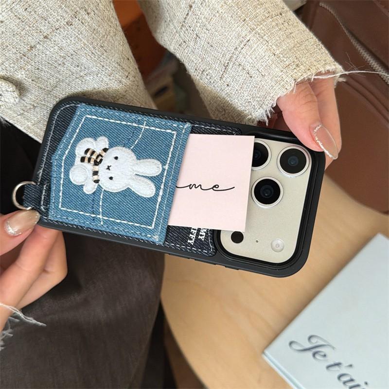 Denim Pocket Card Holder Case With Embroidered Rabbit IPhone 14 Pro Max 15 16 Soft TPU Shockproof Cover