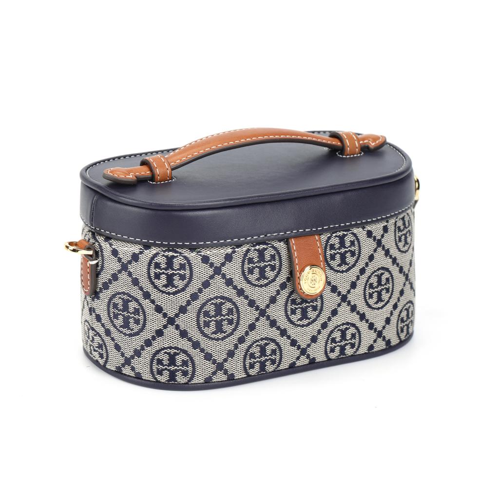 Tory Burch T Monogram Canvas Adjustable Detachable Shoulder Strap Button Closure Fabric Tote Bag Women Handbags Navy-Blue 165010-405