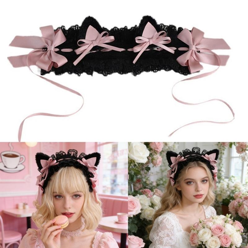 Elegant Anime Style Hair Accessory Featuring Gothic Cats Ears and Bows Design Safe Headdress Ideal for Daily Wear