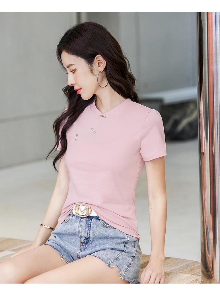 Enhanced Slim Fit Minimalist Cotton T-Shirt with Chinese and Korean Style Buttons - Short Sleeve Women's Top