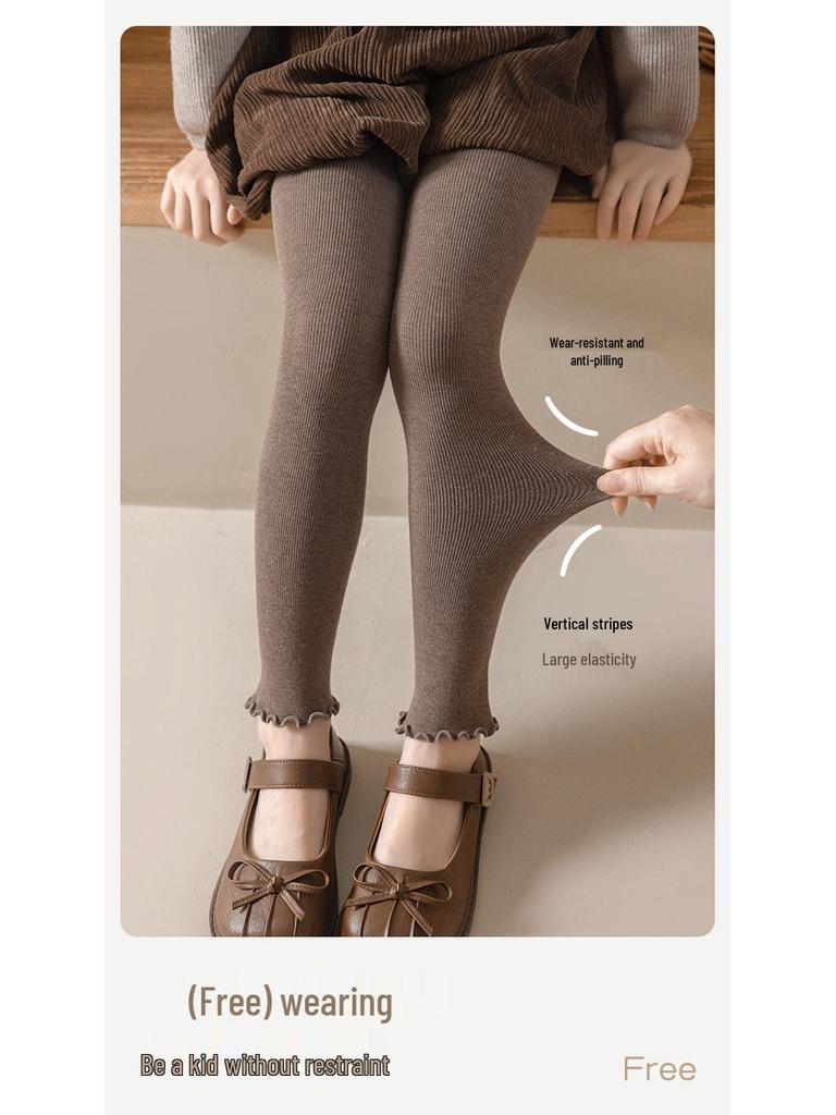 2025 Autumn/Winter Girls' Ruffle Edge Brushed Leggings - Solid Color, Versatile, Elastic Nine-Point Pants