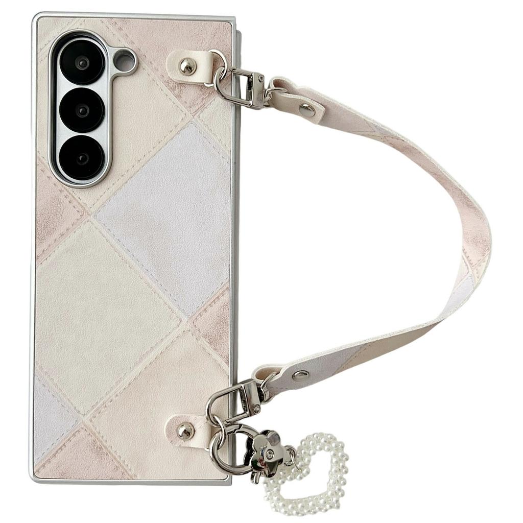For Samsung Galaxy Z Fold6 5G Case Retro Rhombus PU+PC Phone Cover with Love Pendant and Strap