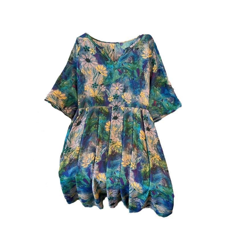 Artistic Retro Plus-Size Short-Sleeve Mid-Length Dress