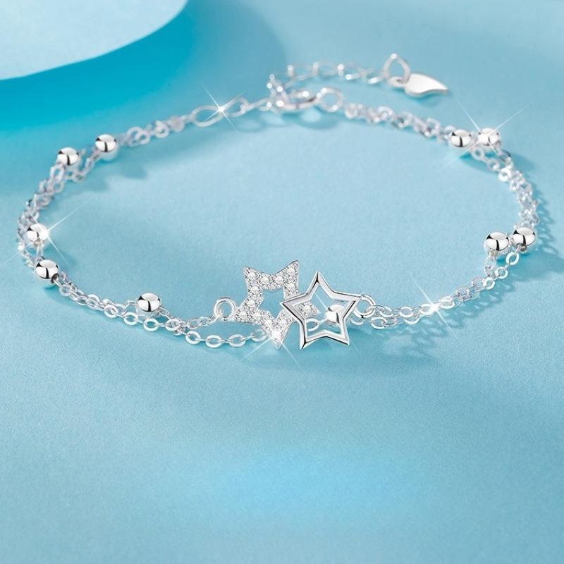 

925 Sterling Silver Double Layer Star Bracelets for Women Vintage Korean Designer Zircon Star Chain Bracelet Party Jewelry Gifts
